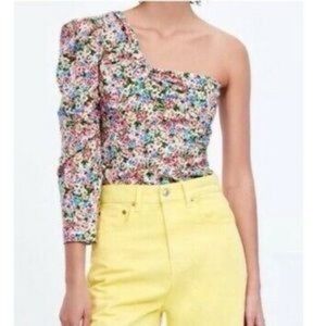 Zara - Bright Colorful Floral One Shoulder Puffed Sleeve Blouse Size XS